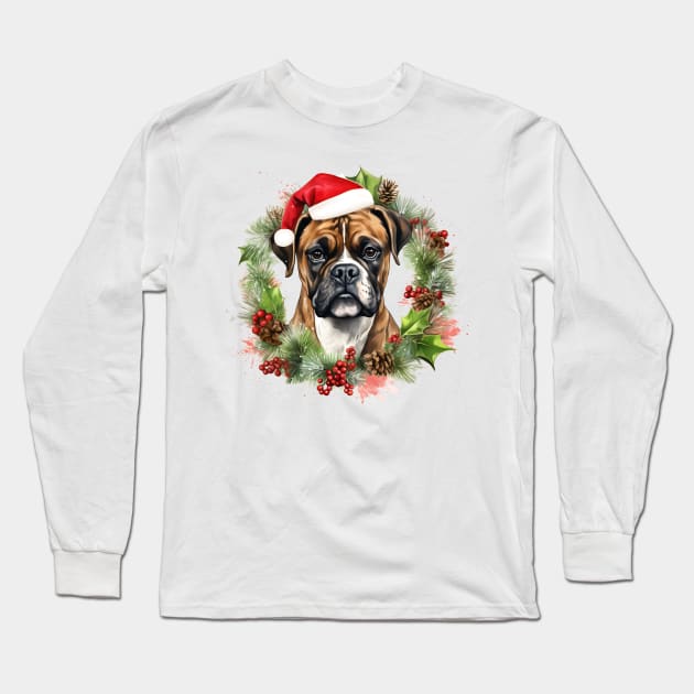 Christmas Boxer Dog Wreath Long Sleeve T-Shirt by Chromatic Fusion Studio